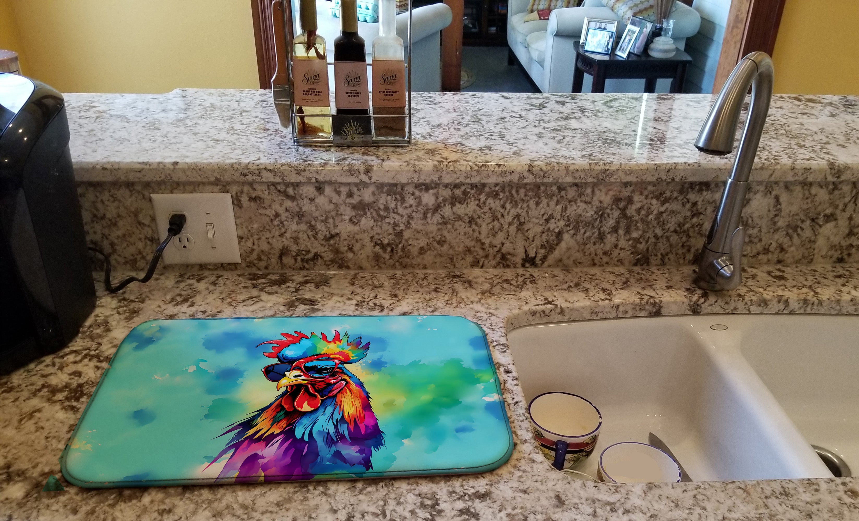 Hippie Animal Rooster Dish Drying Mat Absorbent Dish Drying Mat Pad for Kitchen Counter Dish Drainer Mat for Countertop, 14 x 21", Multicolor