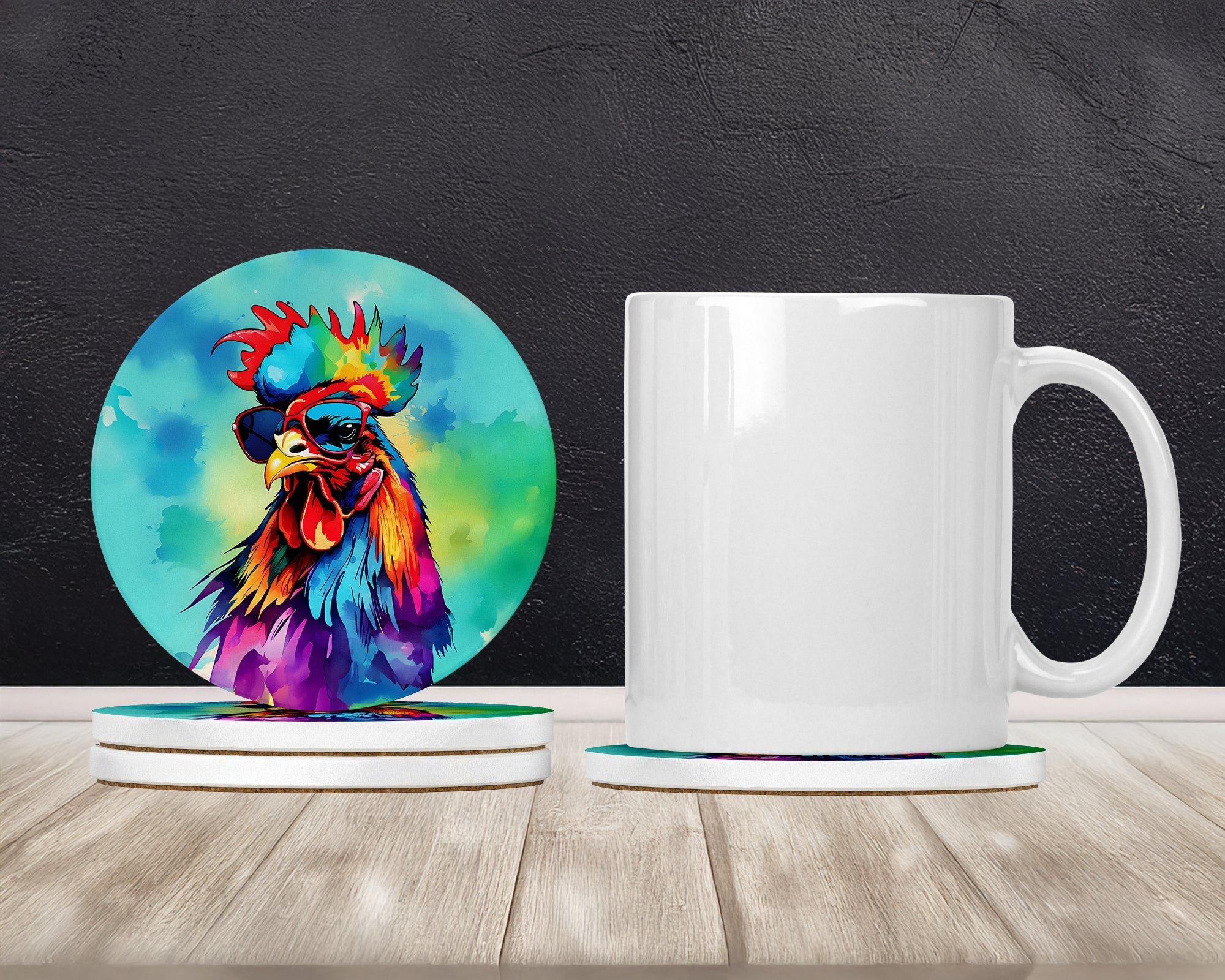 Hippie Animal Rooster Large Sandstone Coasters Pack of 4 Absorbent Round Coasters Decor Gifts for Men or Women, 4 in, Multicolor