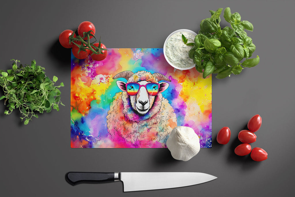 Hippie Animal Sheep Cutting Board Tempered Glass Kitchen Cutting Surface, Heat Resistant Chopping, Non-Slip Feet, Food Prep & Serving