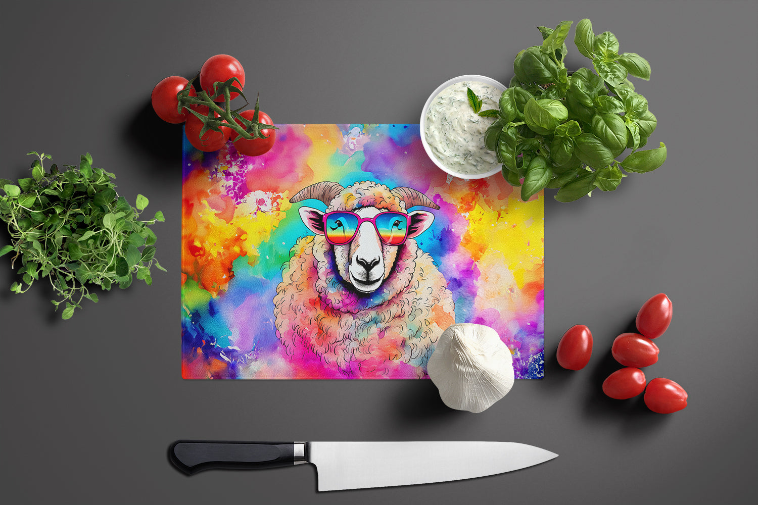 Hippie Animal Sheep Cutting Board Tempered Glass Kitchen Cutting Surface, Heat Resistant Chopping, Non-Slip Feet, Food Prep & Serving