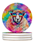 Hippie Animal Sheep Large Sandstone Coasters Pack of 4 Absorbent Round Coasters Decor Gifts for Men or Women, 4 in, Multicolor