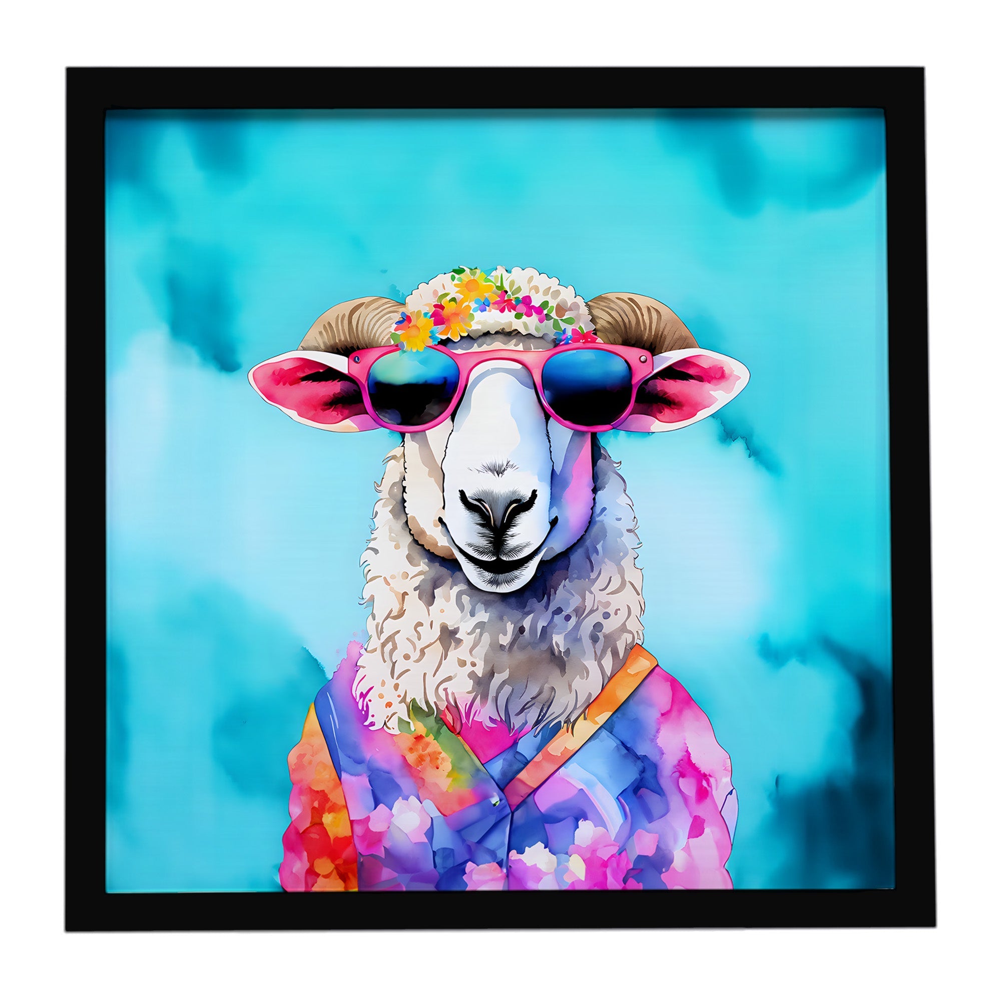Hippie Animal Sheep Framed Metal Print Bathroom, Kitchen, Office, Home Decor Wall Art Ready to Hang, Square, 8X8