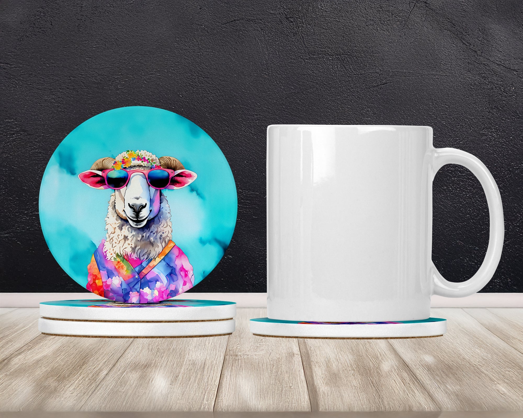 Hippie Animal Sheep Large Sandstone Coasters Pack of 4 Absorbent Round Coasters Decor Gifts for Men or Women, 4 in, Multicolor
