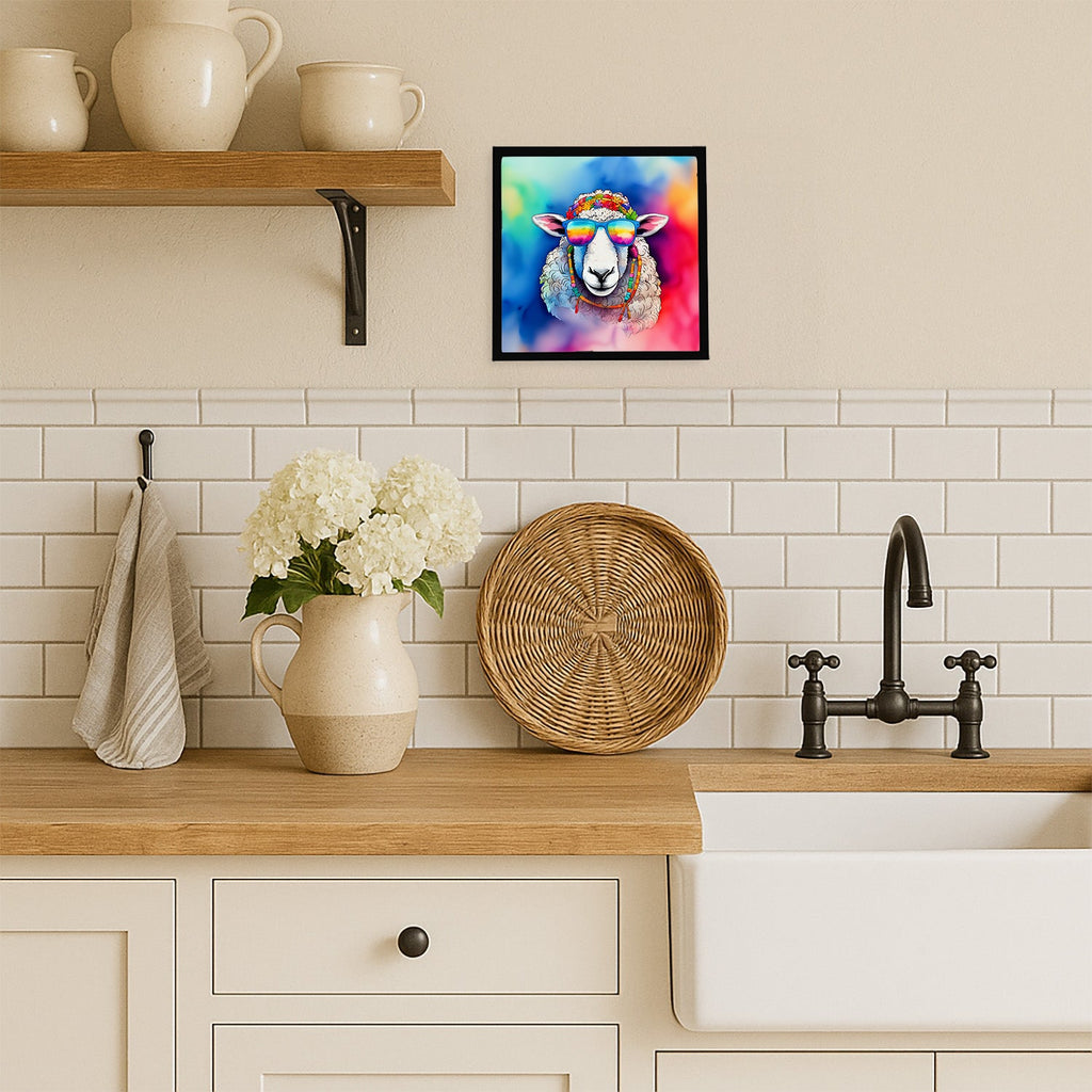 Hippie Animal Sheep Framed Metal Print Bathroom, Kitchen, Office, Home Decor Wall Art Ready to Hang, Square, 8X8