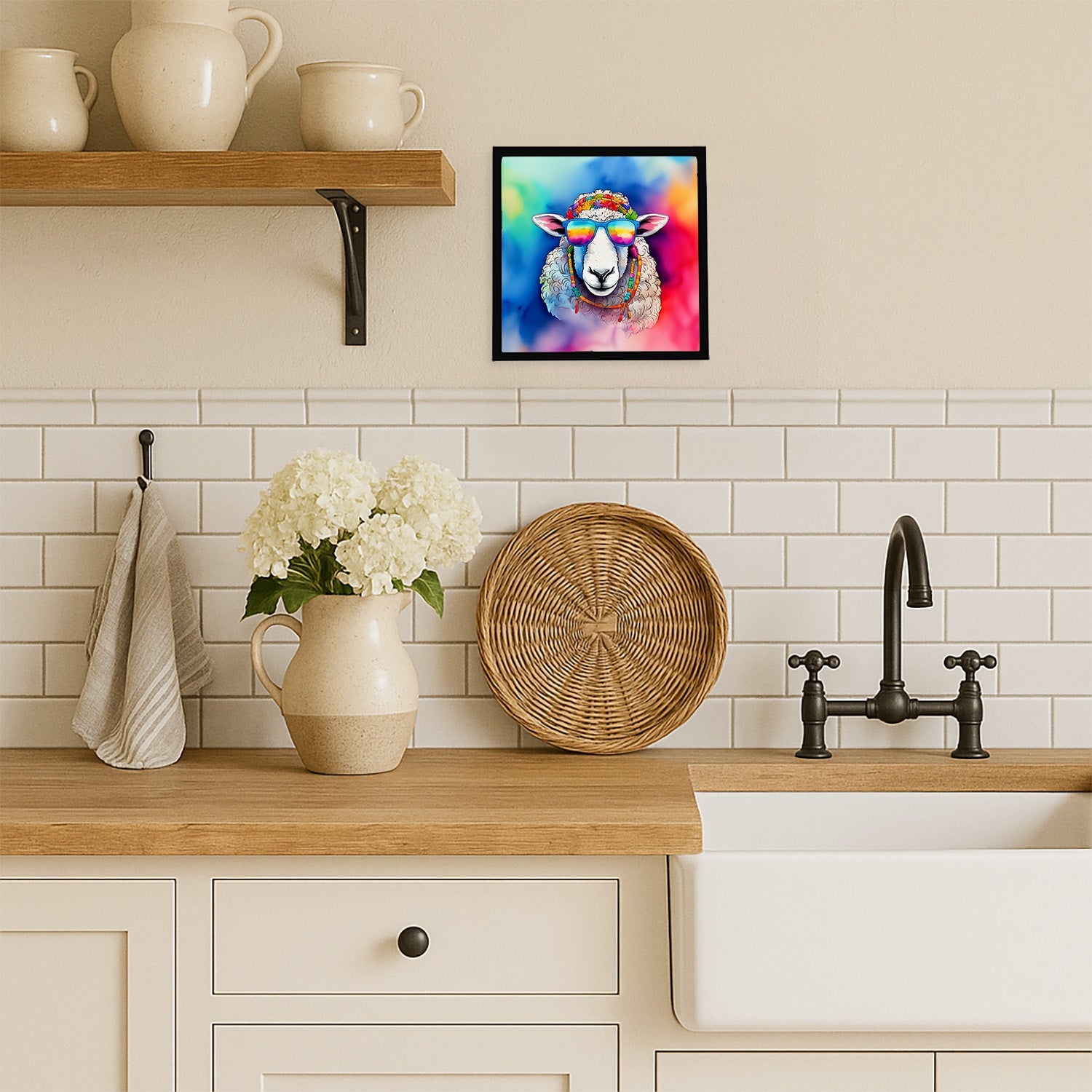 Hippie Animal Sheep Framed Metal Print Bathroom, Kitchen, Office, Home Decor Wall Art Ready to Hang, Square, 8X8