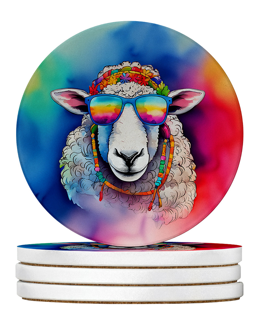Hippie Animal Sheep Large Sandstone Coasters Pack of 4 Absorbent Round Coasters Decor Gifts for Men or Women, 4 in, Multicolor