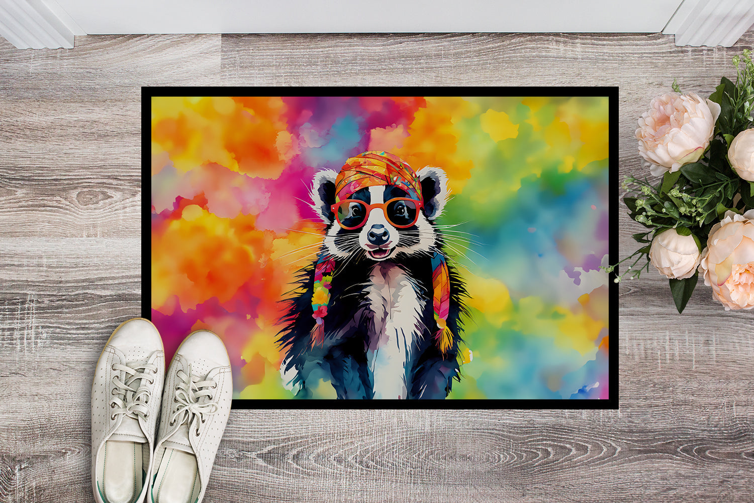 Hippie Animal Skunk Doormat Indoor Outdoor 24H X 36W Front Door Mat Rugs for Entryway, Non Slip Washable Low Pile,
