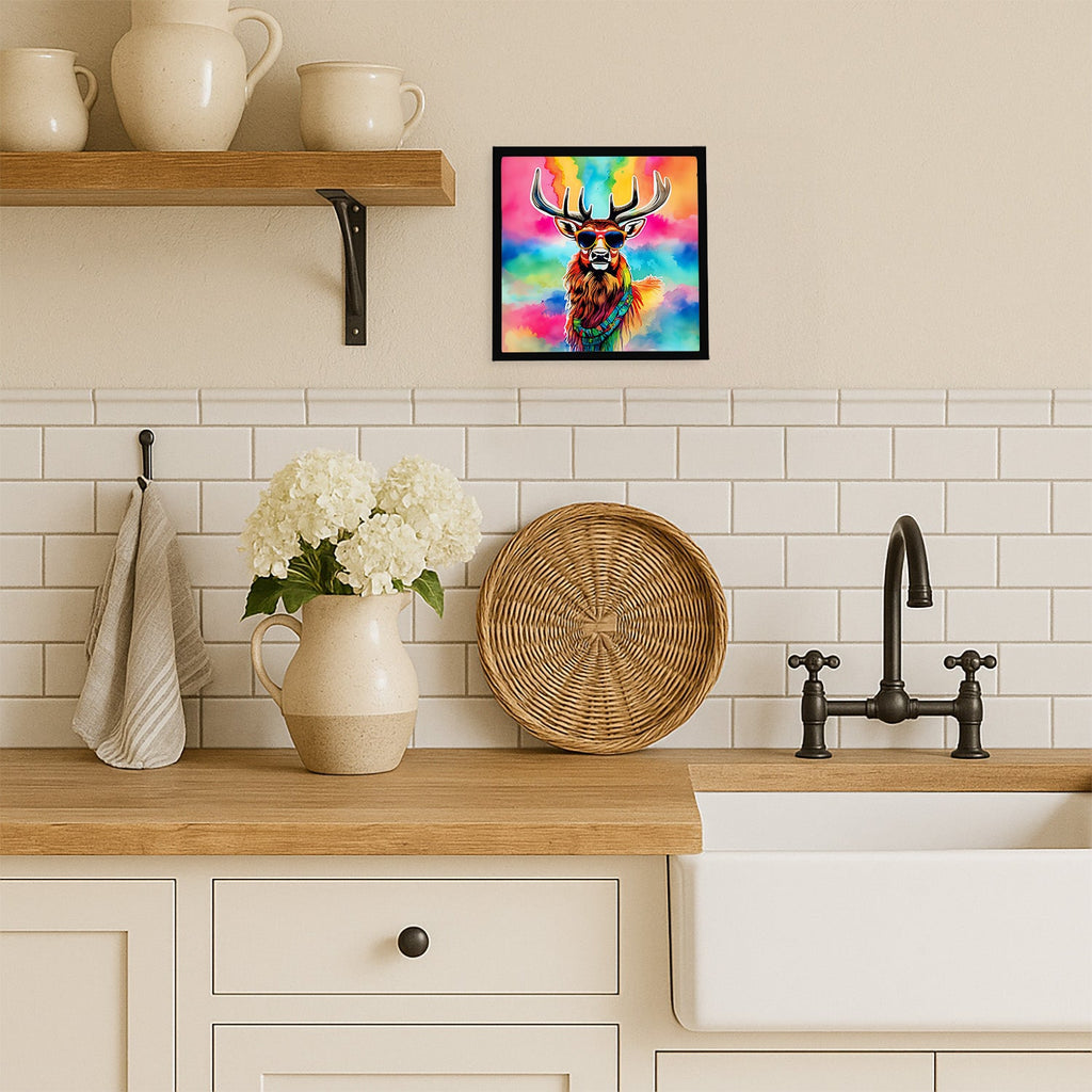 Hippie Animal Stag Deer Framed Metal Print Bathroom, Kitchen, Office, Home Decor Wall Art Ready to Hang, Square, 8X8