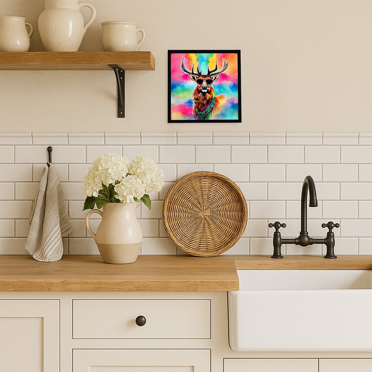 Hippie Animal Stag Deer Framed Metal Print Bathroom, Kitchen, Office, Home Decor Wall Art Ready to Hang, Square, 8X8