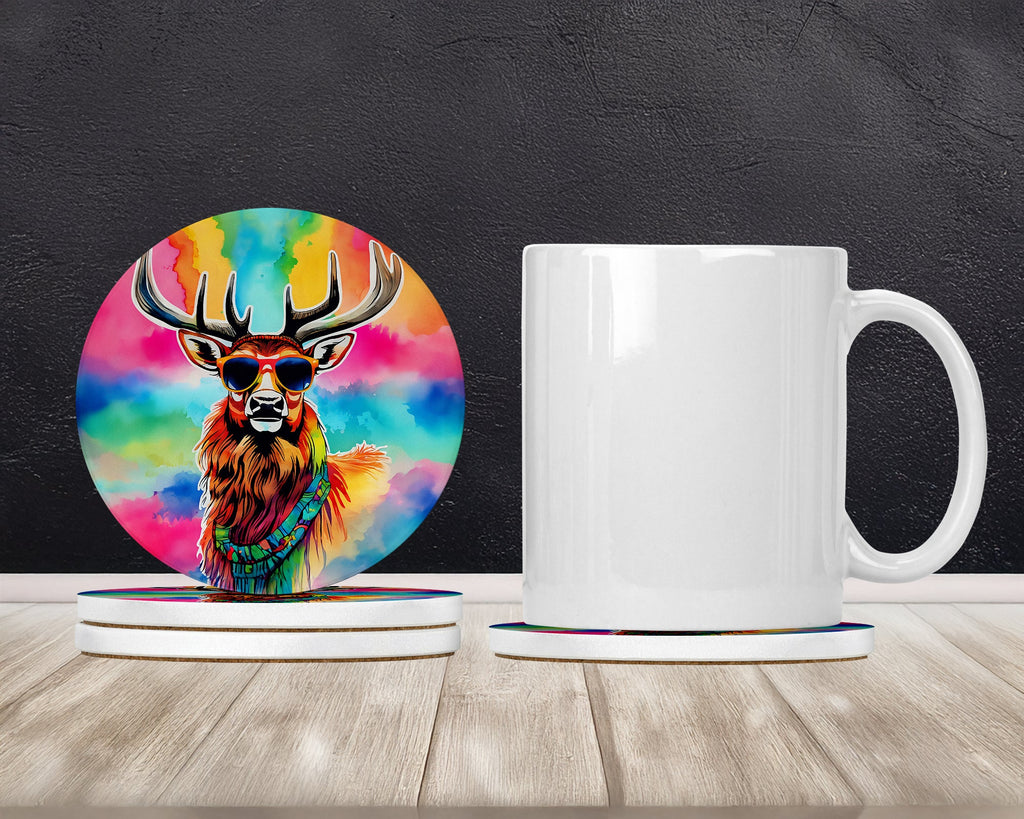 Hippie Animal Stag Deer Large Sandstone Coasters Pack of 4 Absorbent Round Coasters Decor Gifts for Men or Women, 4 in, Multicolor