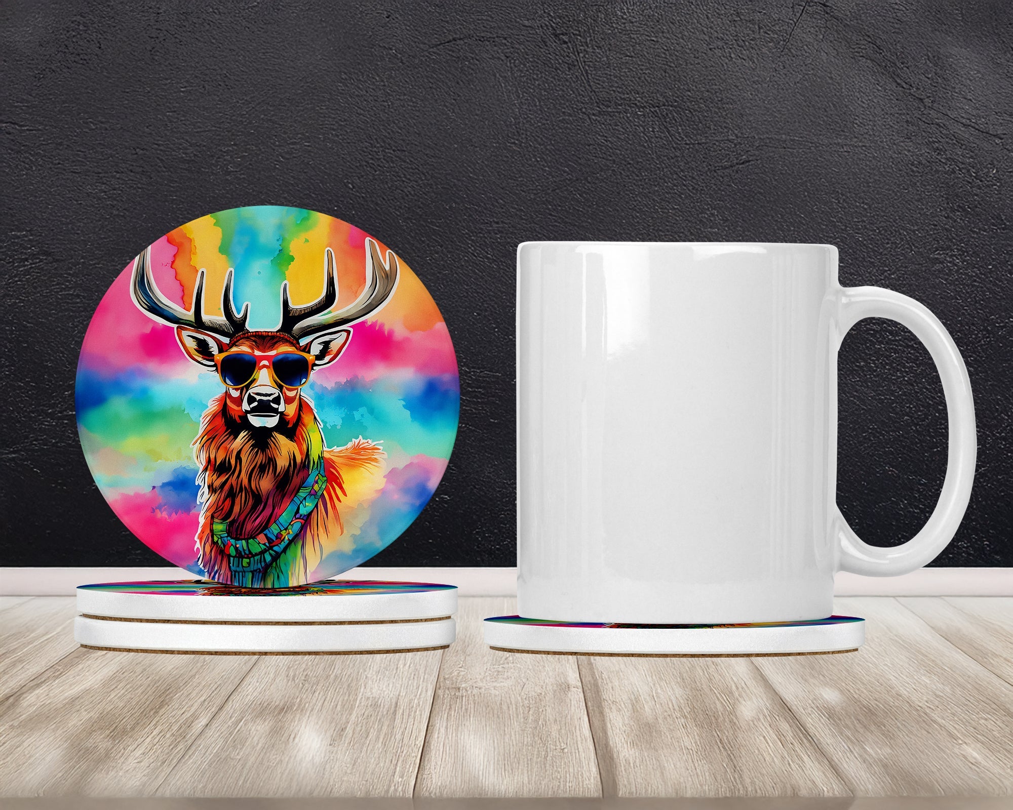 Hippie Animal Stag Deer Large Sandstone Coasters Pack of 4 Absorbent Round Coasters Decor Gifts for Men or Women, 4 in, Multicolor