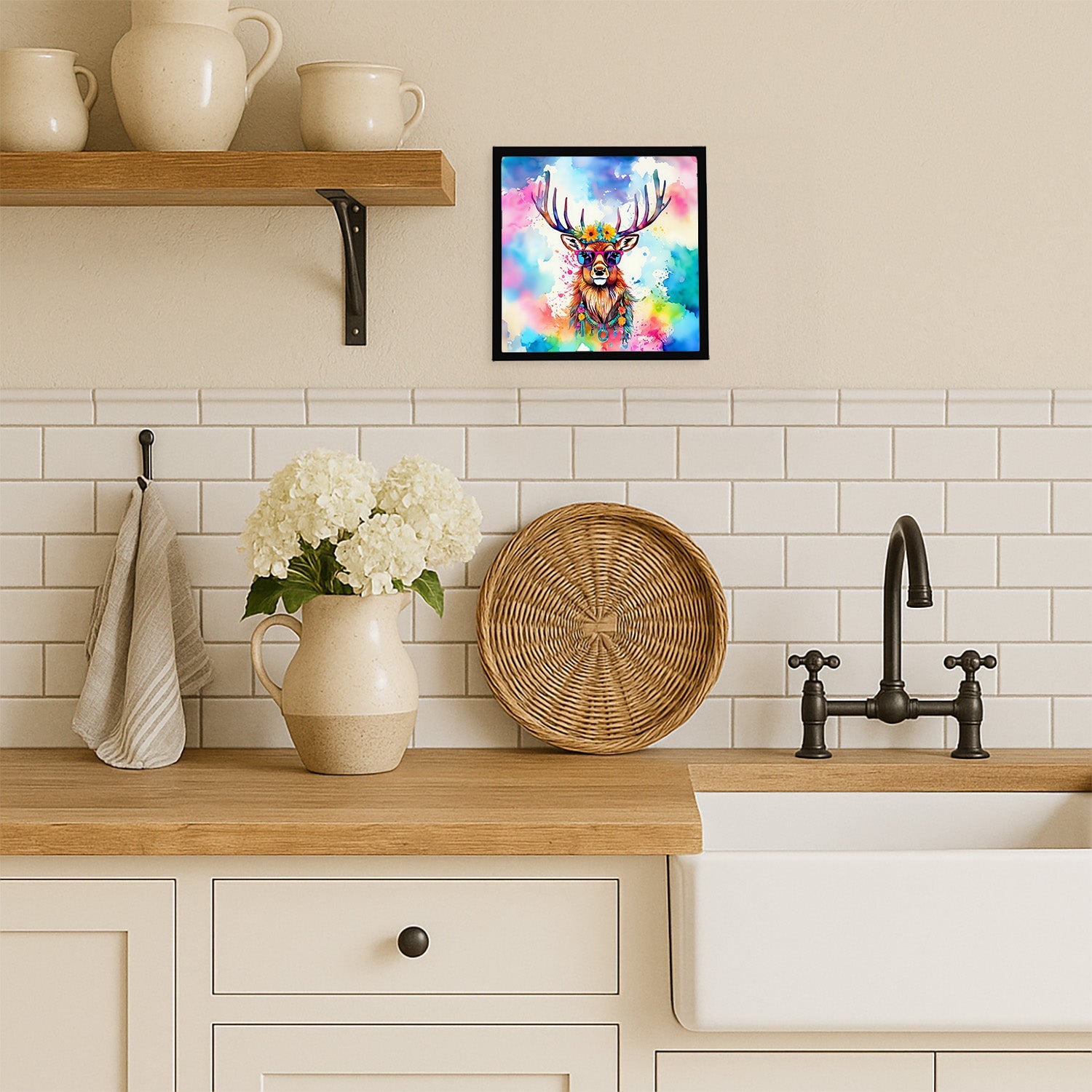 Hippie Animal Stag Deer Framed Metal Print Bathroom, Kitchen, Office, Home Decor Wall Art Ready to Hang, Square, 8X8