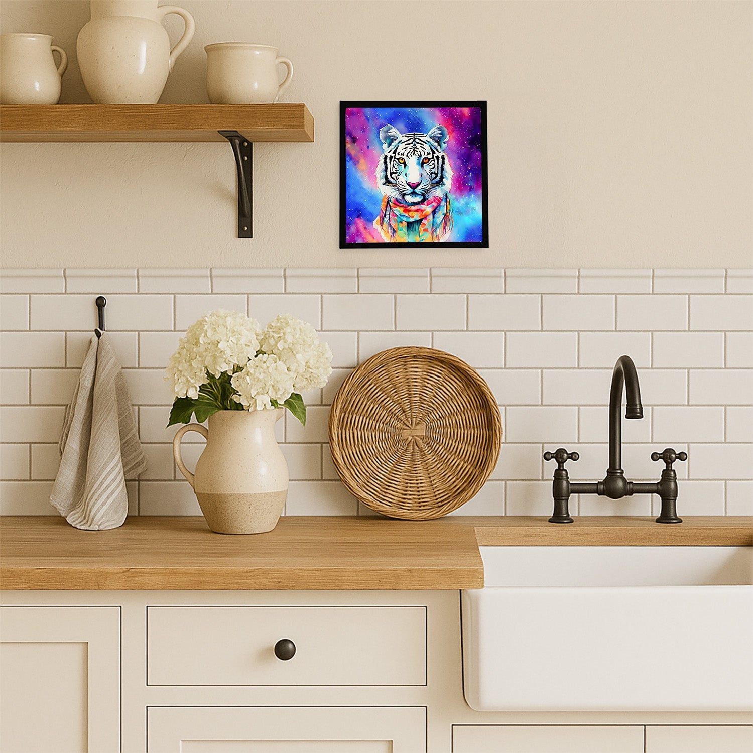 Hippie Animal White Tiger Framed Metal Print Bathroom, Kitchen, Office, Home Decor Wall Art Ready to Hang, Square, 8X8