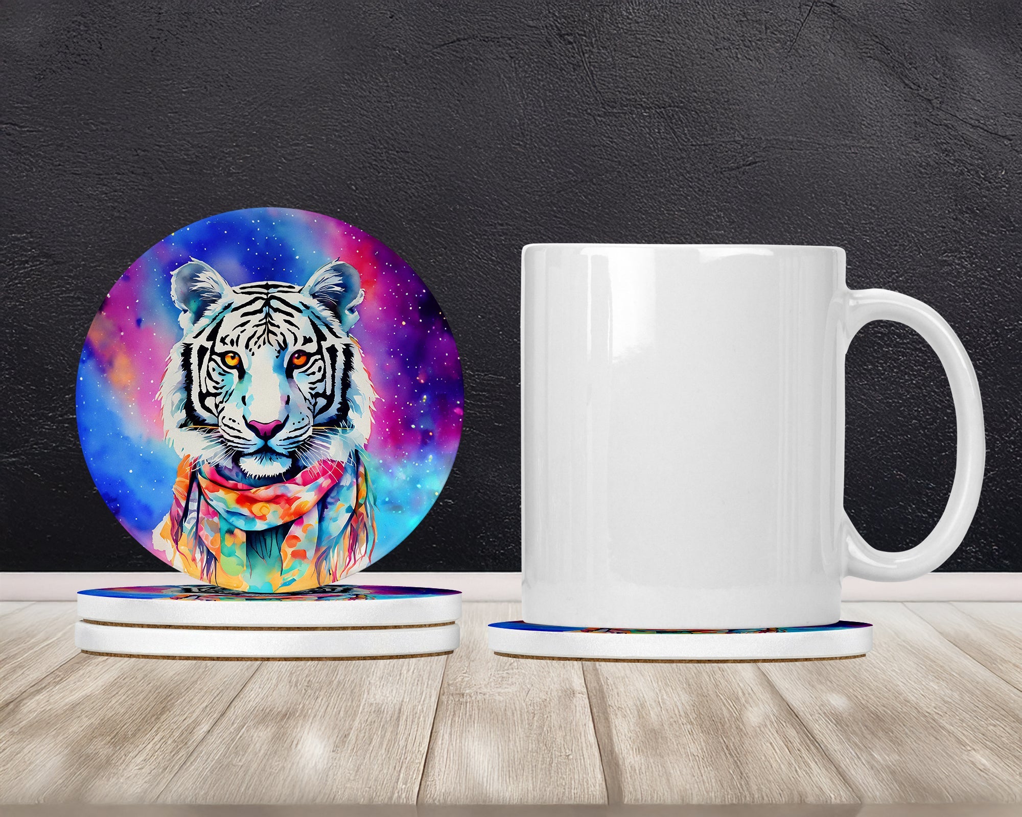 Hippie Animal White Tiger Large Sandstone Coasters Pack of 4 Absorbent Round Coasters Decor Gifts for Men or Women, 4 in, Multicolor