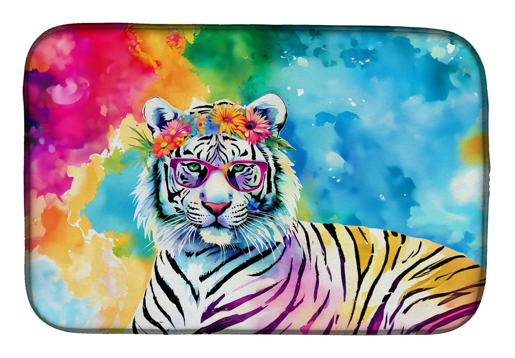 Hippie Animal White Tiger Dish Drying Mat Absorbent Dish Drying Mat Pad for Kitchen Counter Dish Drainer Mat for Countertop, 14 x 21", Multicolor