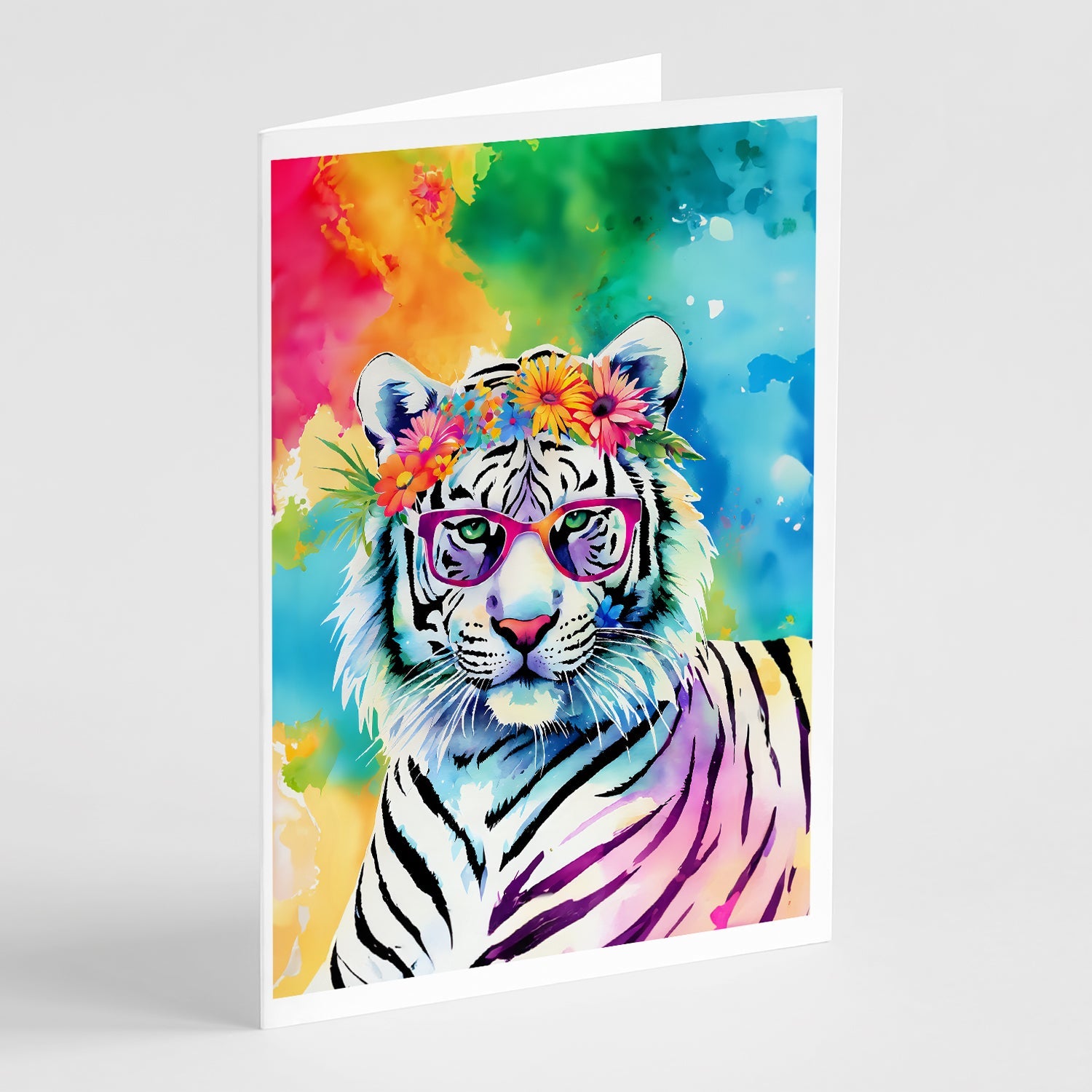 Hippie Animal White Tiger Greeting Cards Pack of 8 Blank Cards with Envelopes Whimsical A7 Size 5x7