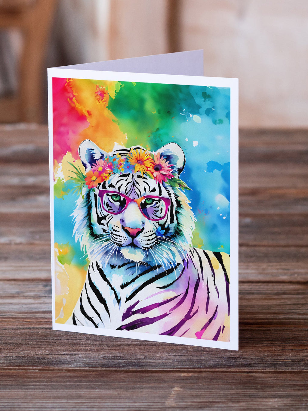 Hippie Animal White Tiger Greeting Cards Pack of 8 Blank Cards with Envelopes Whimsical A7 Size 5x7