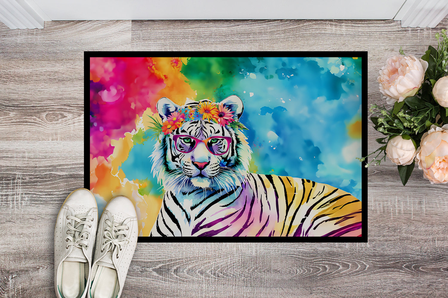 Hippie Animal White Tiger Doormat Indoor Outdoor 24H X 36W Front Door Mat Rugs for Entryway, Non Slip Washable Low Pile,