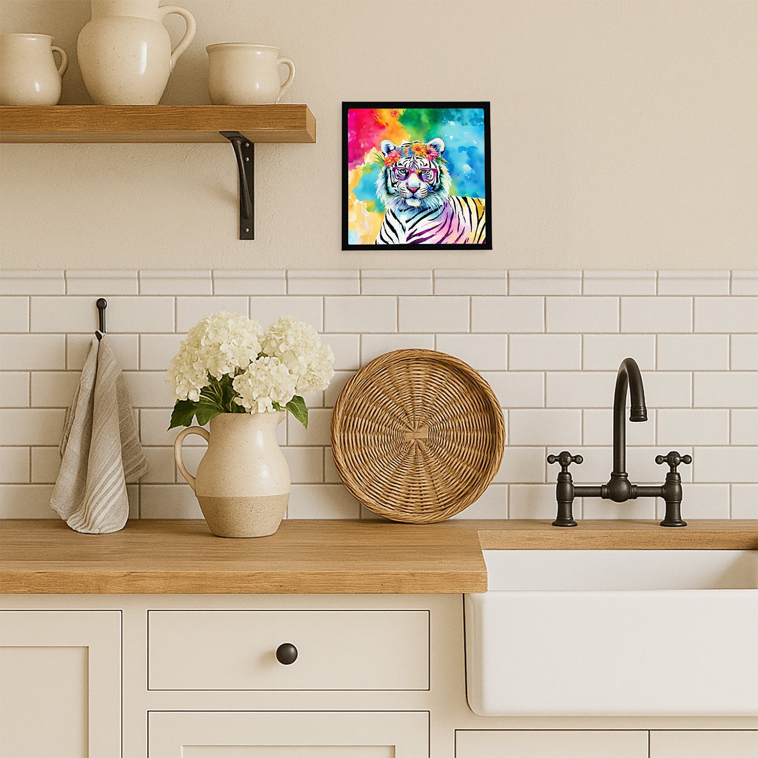 Hippie Animal White Tiger Framed Metal Print Bathroom, Kitchen, Office, Home Decor Wall Art Ready to Hang, Square, 8X8