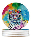 Hippie Animal White Tiger Large Sandstone Coasters Pack of 4 Absorbent Round Coasters Decor Gifts for Men or Women, 4 in, Multicolor