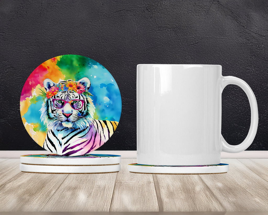 Hippie Animal White Tiger Large Sandstone Coasters Pack of 4 Absorbent Round Coasters Decor Gifts for Men or Women, 4 in, Multicolor