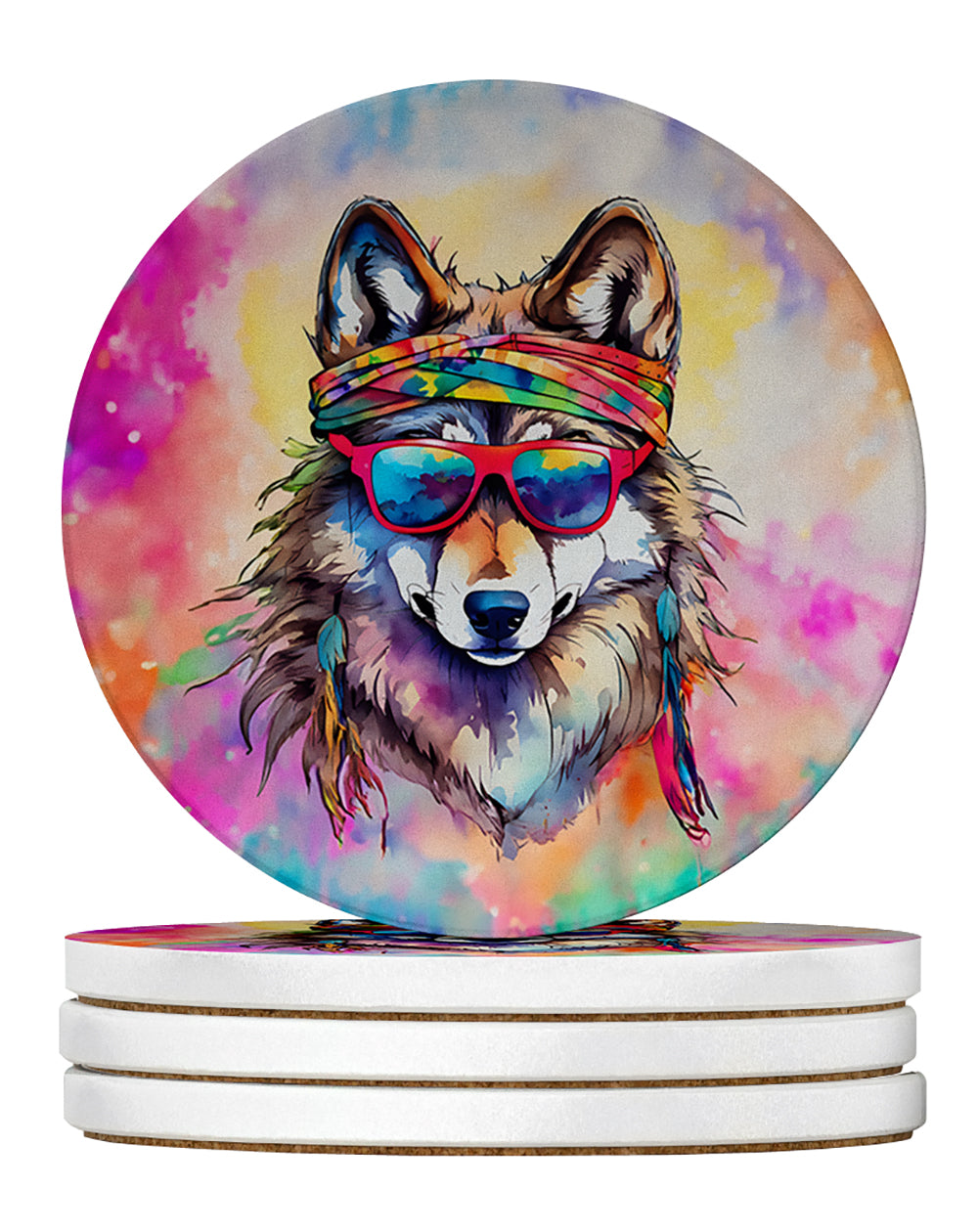 Hippie Animal Wolf Large Sandstone Coasters Pack of 4 Absorbent Round Coasters Decor Gifts for Men or Women, 4 in, Multicolor