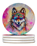 Hippie Animal Wolf Large Sandstone Coasters Pack of 4 Absorbent Round Coasters Decor Gifts for Men or Women, 4 in, Multicolor