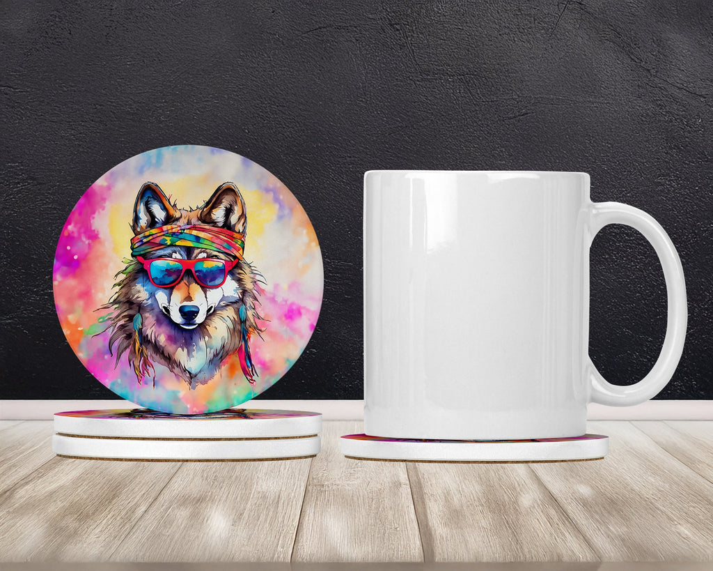 Hippie Animal Wolf Large Sandstone Coasters Pack of 4 Absorbent Round Coasters Decor Gifts for Men or Women, 4 in, Multicolor