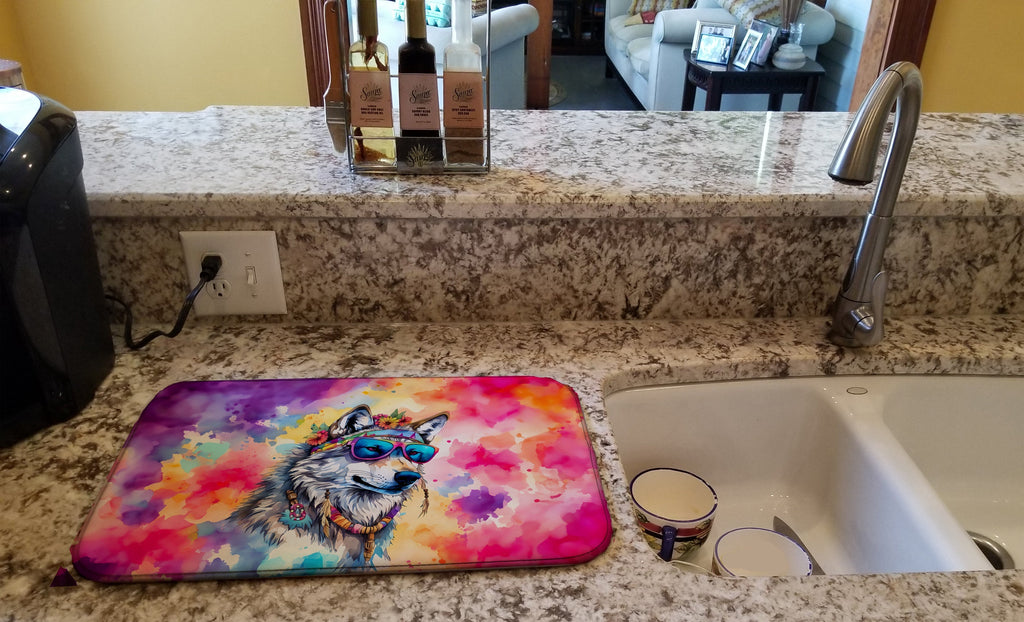 Hippie Animal Wolf Dish Drying Mat Absorbent Dish Drying Mat Pad for Kitchen Counter Dish Drainer Mat for Countertop, 14 x 21", Multicolor