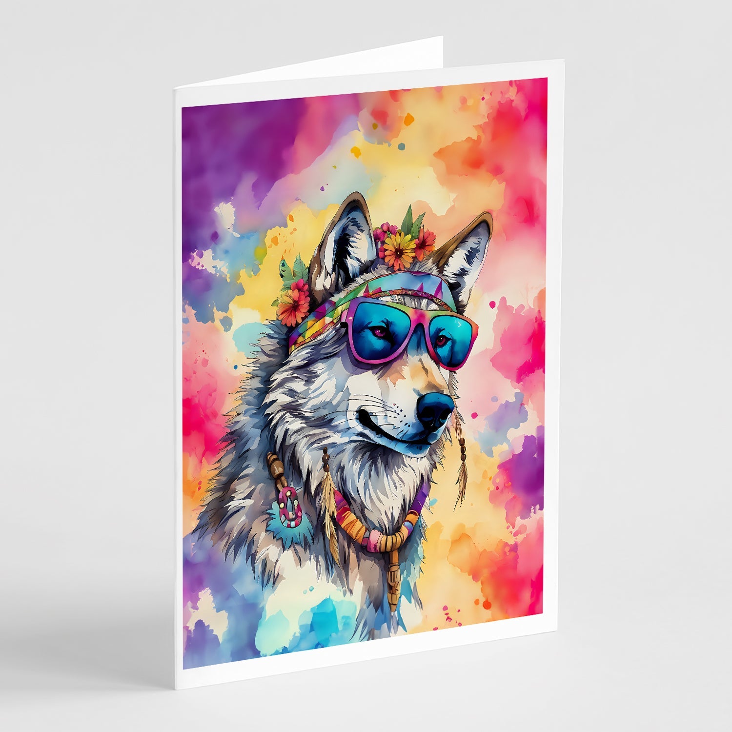 Hippie Animal Wolf Greeting Cards Pack of 8 Blank Cards with Envelopes Whimsical A7 Size 5x7