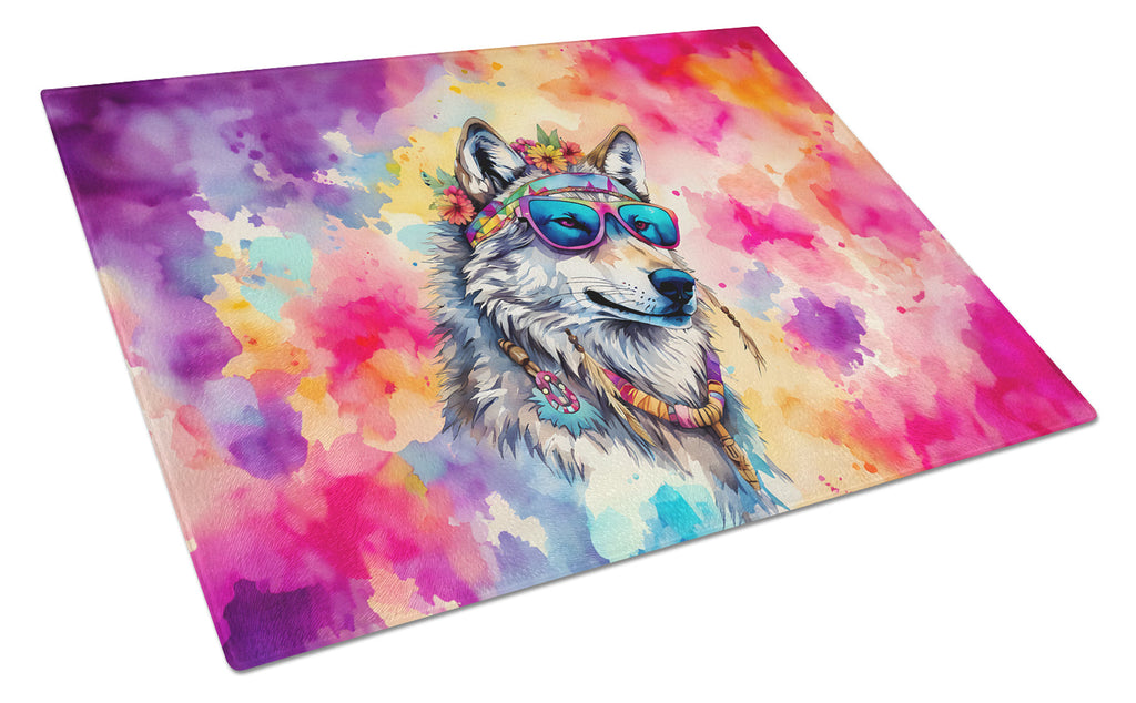 Hippie Animal Wolf Cutting Board Tempered Glass Kitchen Cutting Surface, Heat Resistant Chopping, Non-Slip Feet, Food Prep & Serving