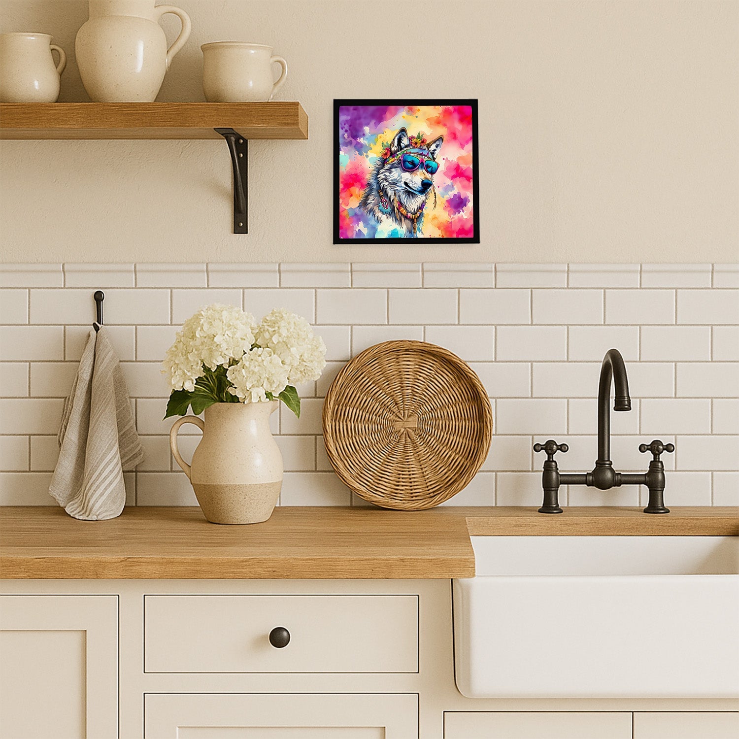 Hippie Animal Wolf Framed Metal Print Bathroom, Kitchen, Office, Home Decor Wall Art Ready to Hang, Square, 8X8