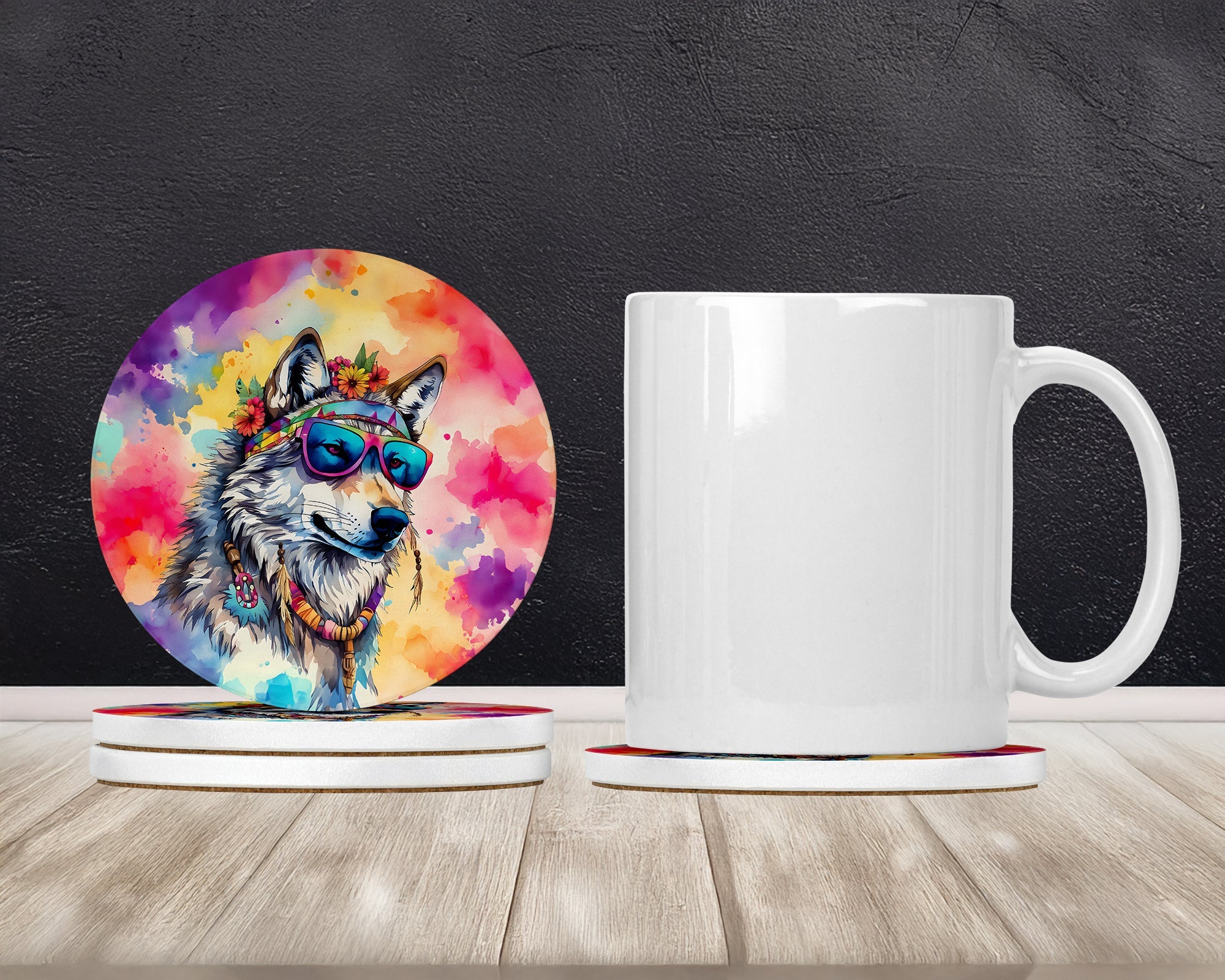 Hippie Animal Wolf Large Sandstone Coasters Pack of 4 Absorbent Round Coasters Decor Gifts for Men or Women, 4 in, Multicolor