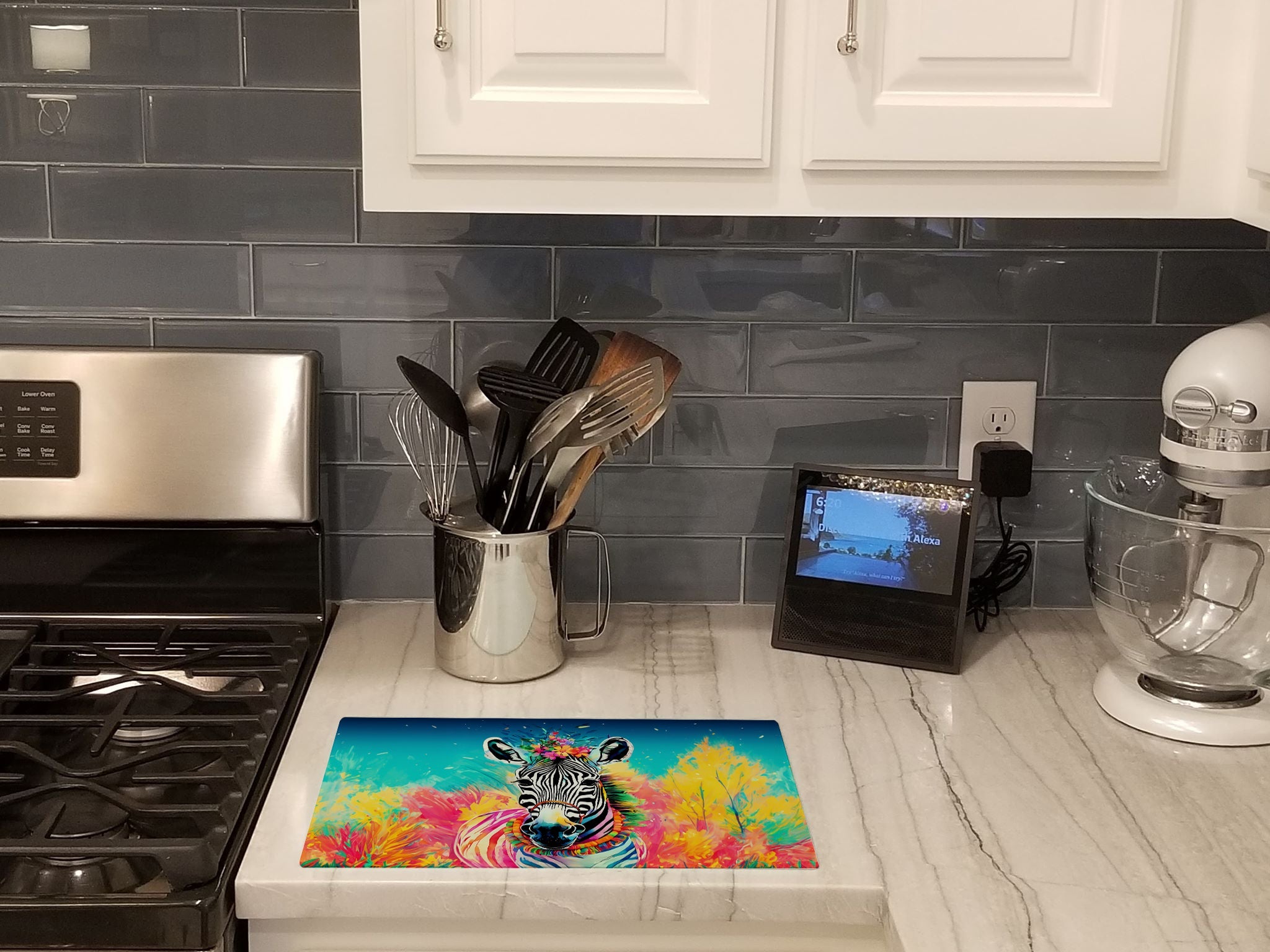 Hippie Animal Zebra Cutting Board Tempered Glass Kitchen Cutting Surface, Heat Resistant Chopping, Non-Slip Feet, Food Prep & Serving