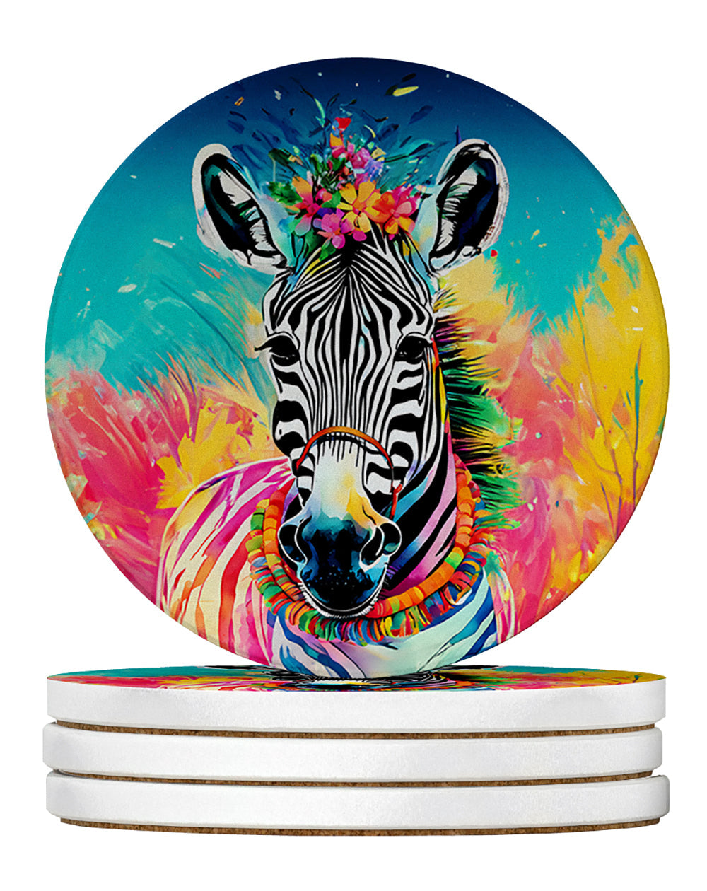 Hippie Animal Zebra Large Sandstone Coasters Pack of 4 Absorbent Round Coasters Decor Gifts for Men or Women, 4 in, Multicolor