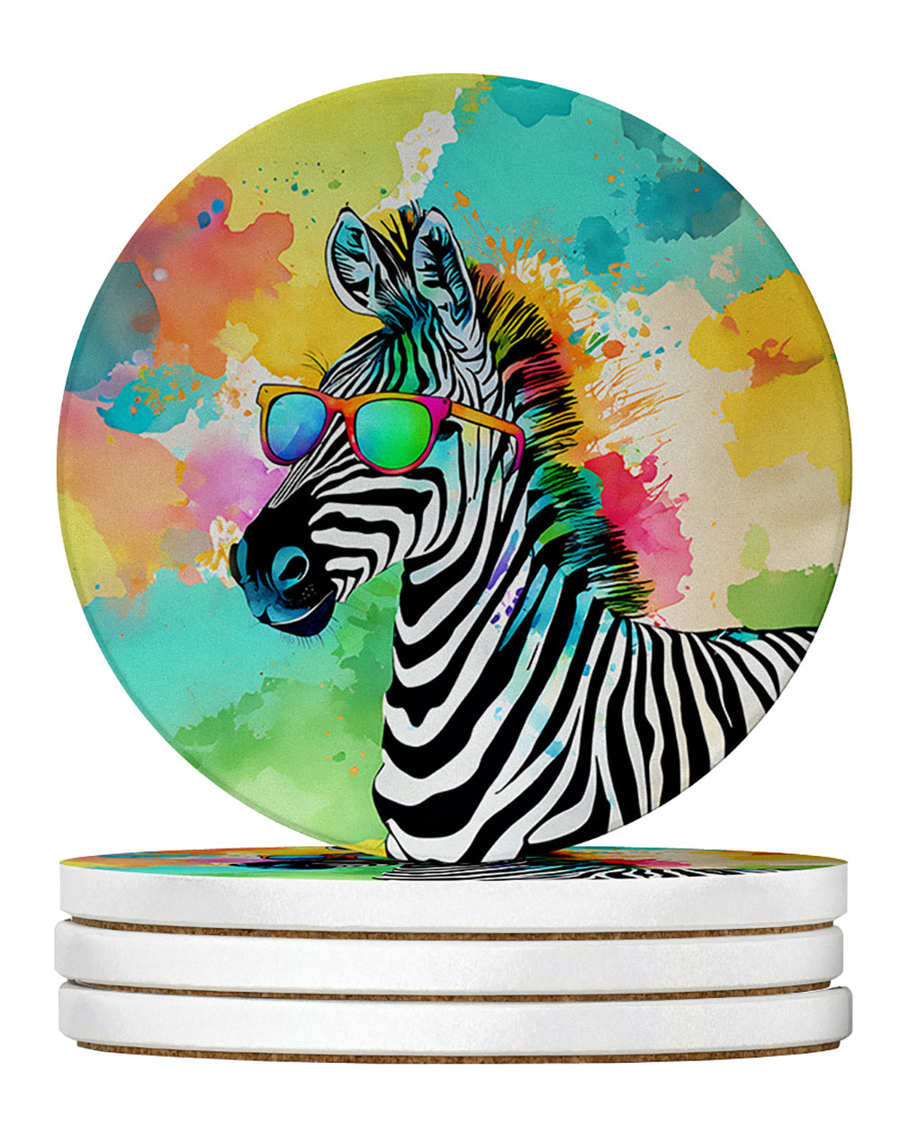 Hippie Animal Zebra Large Sandstone Coasters Pack of 4 Absorbent Round Coasters Decor Gifts for Men or Women, 4 in, Multicolor