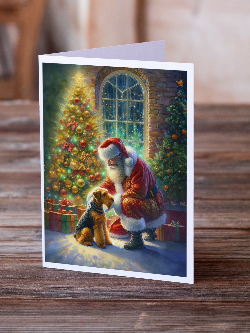 Airedale Terrier and Santa Claus Greeting Cards Pack of 8 Blank Cards with Envelopes Whimsical A7 Size 5x7