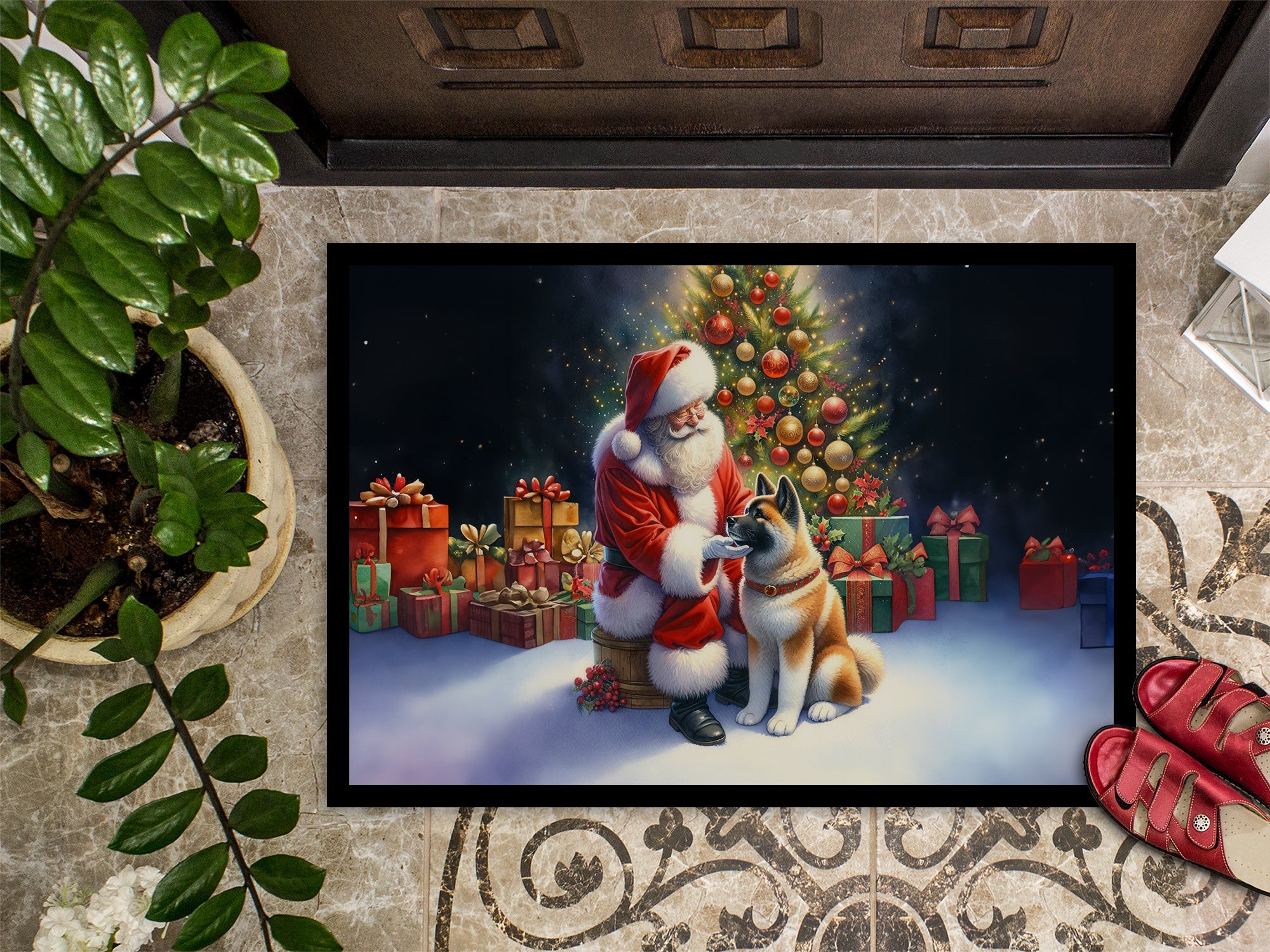 Akita and Santa Claus Doormat Indoor Outdoor 18H X 27W Front Door Mat Rugs for Entryway, Non Slip Washable