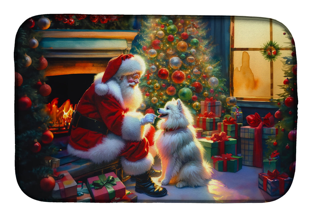 American Eskimo and Santa Claus Dish Drying Mat Absorbent Dish Drying Mat Pad for Kitchen Counter Dish Drainer Mat for Countertop, 14 x 21", Multicolor