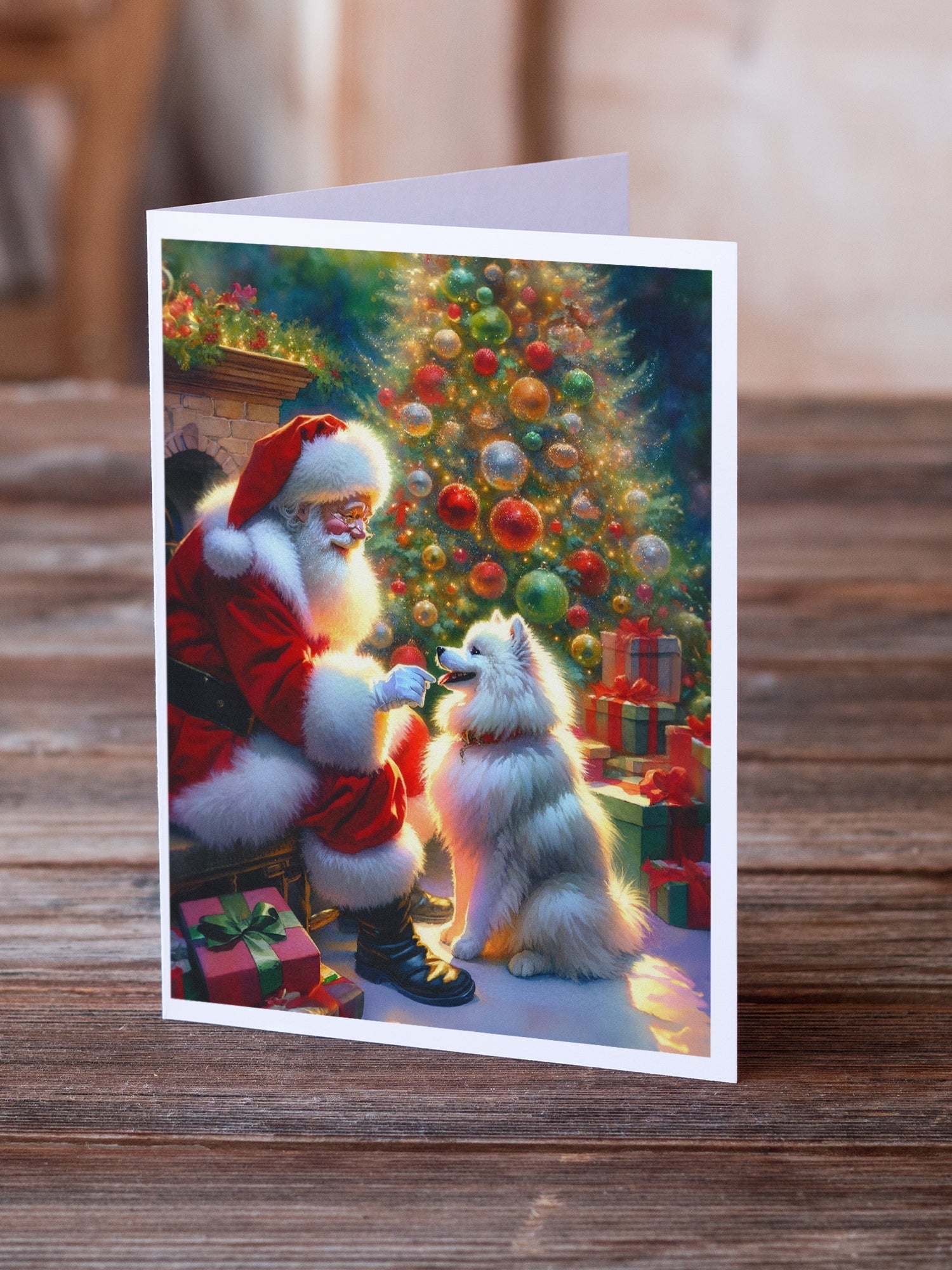 American Eskimo and Santa Claus Greeting Cards Pack of 8 Blank Cards with Envelopes Whimsical A7 Size 5x7