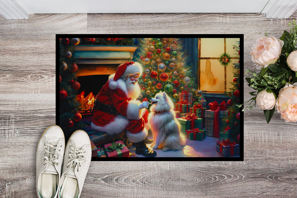 American Eskimo and Santa Claus Doormat Indoor Outdoor 18H X 27W Front Door Mat Rugs for Entryway, Non Slip Washable