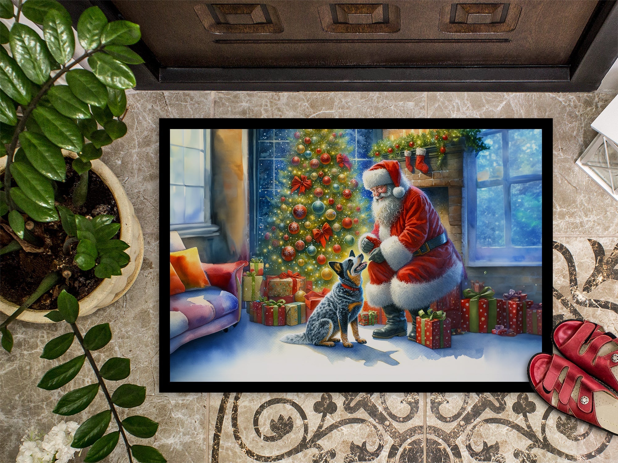 Australian Cattle Dog and Santa Claus Doormat Indoor Outdoor 18H X 27W Front Door Mat Rugs for Entryway, Non Slip Washable