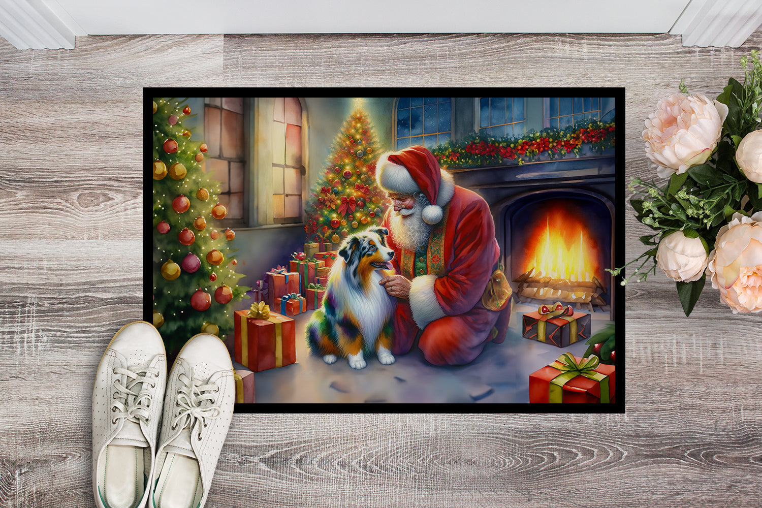 Australian Shepherd and Santa Claus Doormat Indoor Outdoor 24H X 36W Front Door Mat Rugs for Entryway, Non Slip Washable Low Pile,