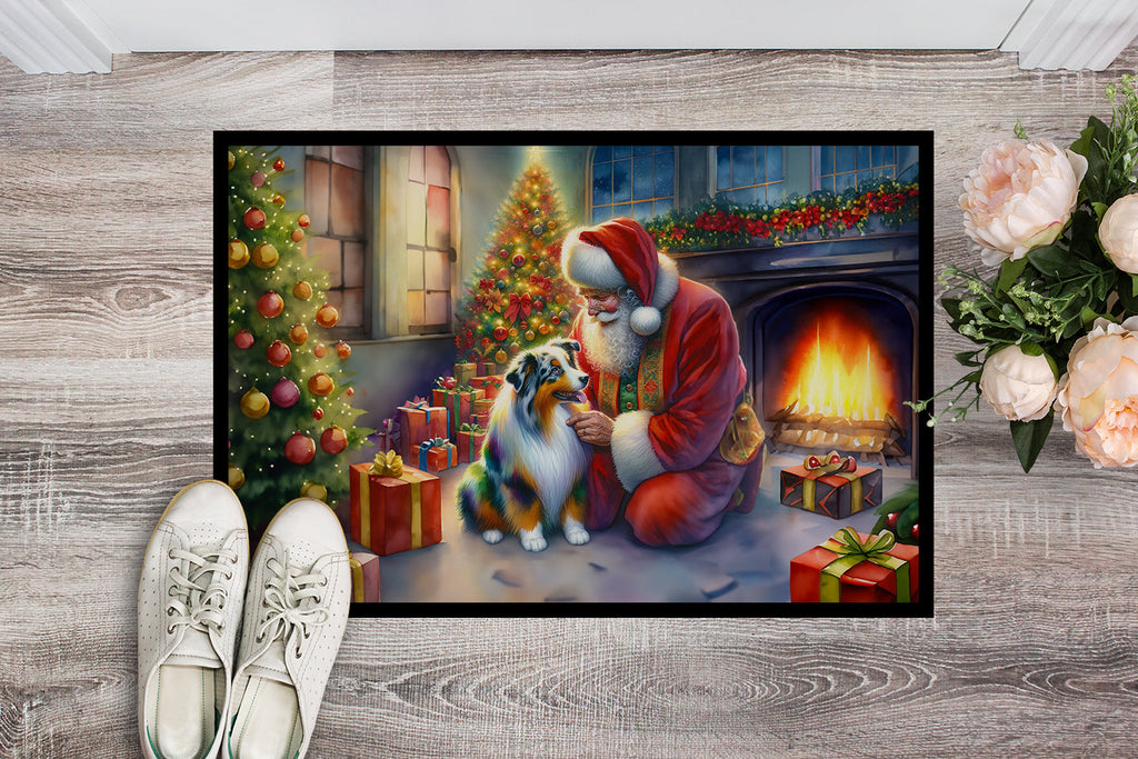 Australian Shepherd and Santa Claus Doormat Indoor Outdoor 18H X 27W Front Door Mat Rugs for Entryway, Non Slip Washable