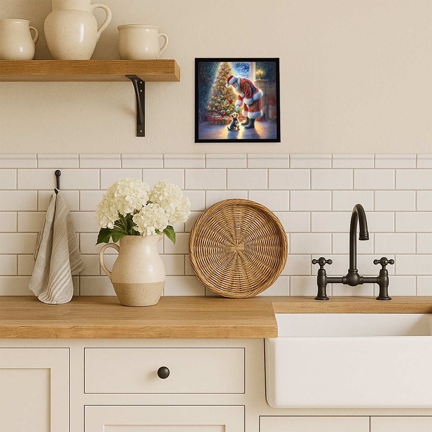 Australian Terrier and Santa Claus Framed Metal Print Bathroom, Kitchen, Office, Home Decor Wall Art Ready to Hang, Square, 8X8