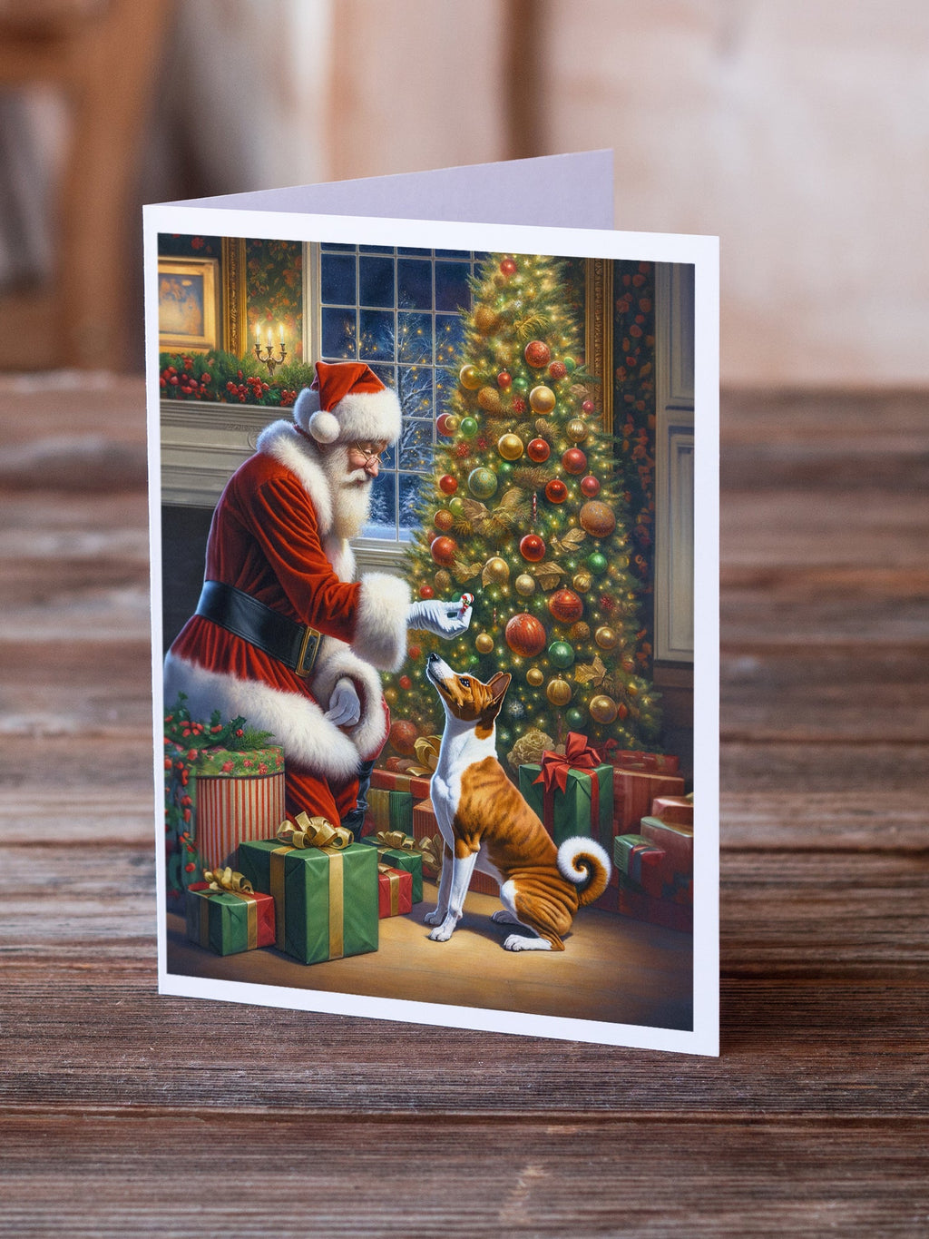 Basenji and Santa Claus Greeting Cards Pack of 8 Blank Cards with Envelopes Whimsical A7 Size 5x7