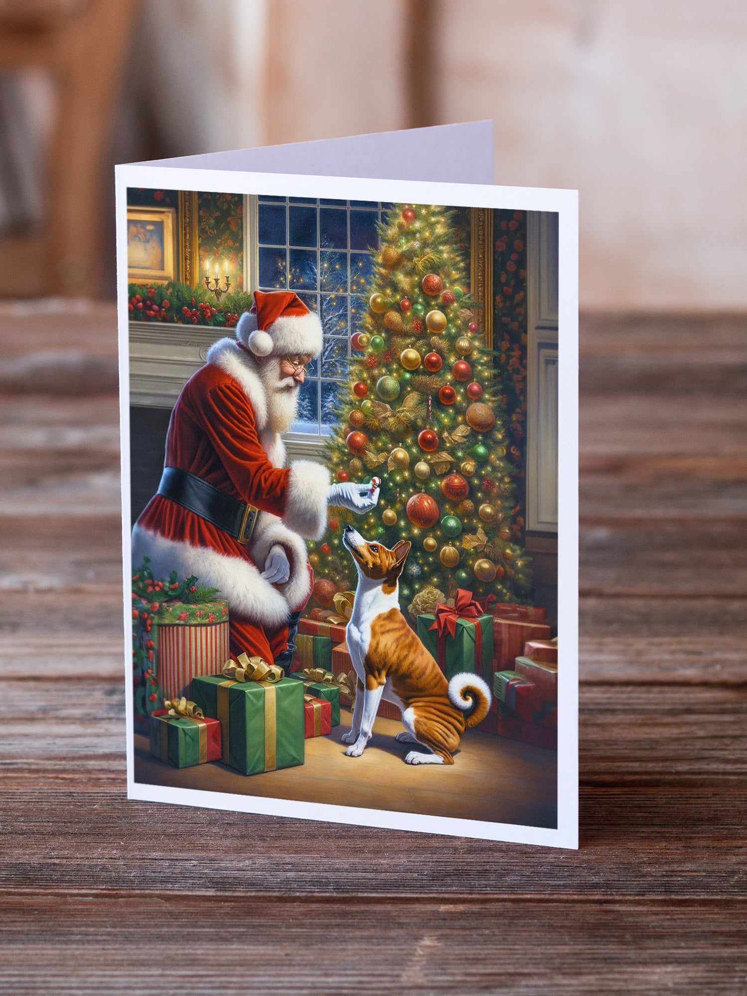 Basenji and Santa Claus Greeting Cards Pack of 8 Blank Cards with Envelopes Whimsical A7 Size 5x7