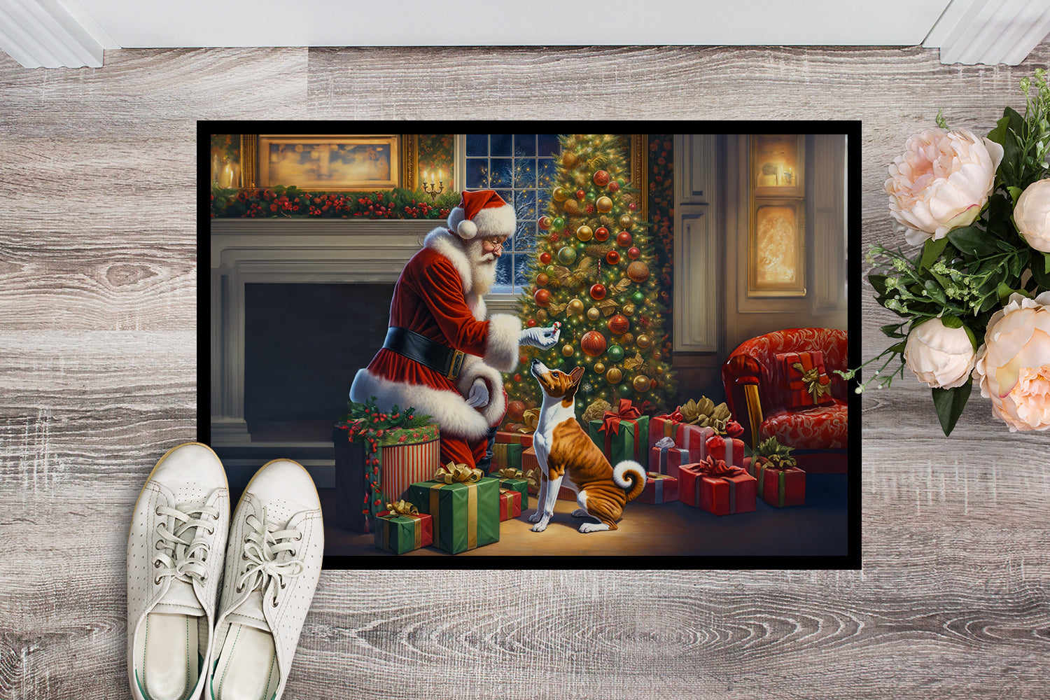 Basenji and Santa Claus Doormat Indoor Outdoor 18H X 27W Front Door Mat Rugs for Entryway, Non Slip Washable