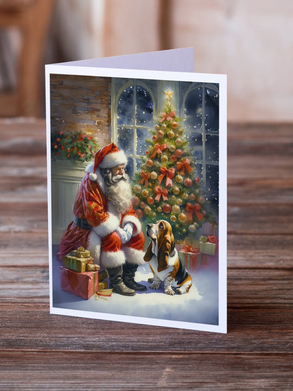 Basset Hound and Santa Claus Greeting Cards Pack of 8 Blank Cards with Envelopes Whimsical A7 Size 5x7