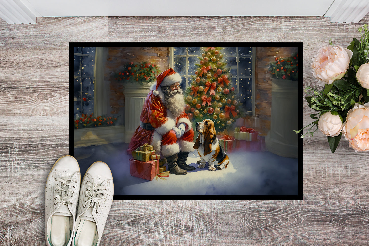 Basset Hound and Santa Claus Doormat Indoor Outdoor 24H X 36W Front Door Mat Rugs for Entryway, Non Slip Washable Low Pile,
